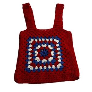 Hand Crochet Sweater Vest Granny Square Tank Red, White & Blue Jr Size S- VTG
